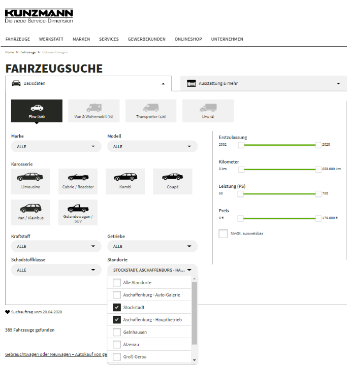 Kunzmann Fahrzeugsuche Such Filter Optionen